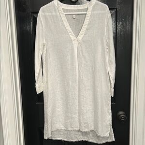 Garnet Hill Relaxed Linen Beach Dress 3/4 Sleeves Fringe Hem Size Small White